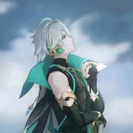 Alhaitham from the game Genshin Impact, pictured from the side. The background is a sky, and he is looking up.
